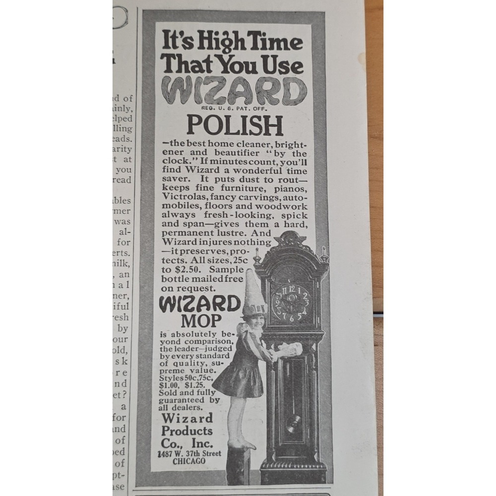 Vintage 1916‎ Wizard Polish & Mop Magazine Advertisement